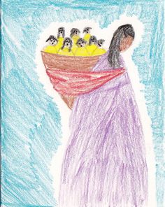 a child's drawing of a woman carrying a basket with birds on it, in front of a blue background