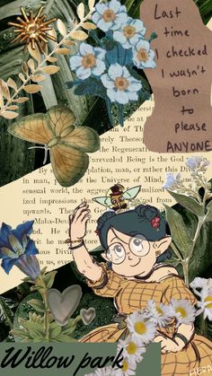 an altered collage with flowers, butterflies and words written on it that read willow park