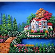 a painting of a house in the middle of a garden with flowers and trees around it