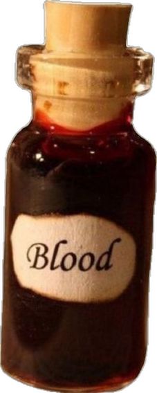 a bottle filled with blood sitting on top of a table