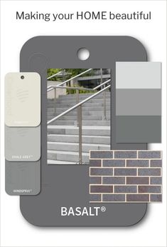 an advertisement with stairs and steps in grey, white and gray colors on the front