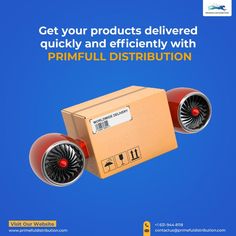 a cardboard box sitting on top of an air conditioner with the words, get your products delivered quickly and efficiently with primfuil distribution