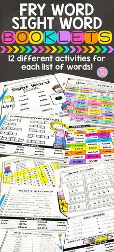 the book cover for fry word sight words, which is filled with pictures and text