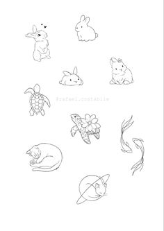 an image of some animals that are drawn in pencil and watercolor on white paper