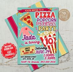 this is an image of a birthday party with pizza, popcorn and movie tickets on it