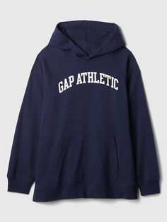 Soft, comfy fleece. Long raglan sleeves with banded cuffs. Hood. Gap Athletic graphic at front. Kanga pocket. Banded hem. #527467 Graphic Hoodie, Graphic Hoodies, Raglan Sleeve, Gap, Sweatshirts Hoodie, Sweatshirts