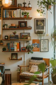 a living room filled with lots of plants and books on the shelves next to a window