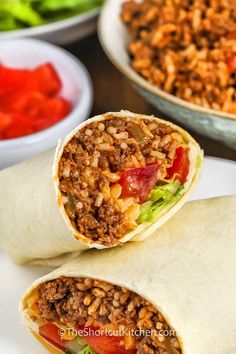 This taco burrito recipe is a simple way to satisfy your craving for something filling and flavorful! Lean ground beef is cooked with taco seasoning, rice, and salsa for a tasty filling that’s perfect for wrapping in warm tortillas. Top with your favorite ingredients like lettuce, tomatoes, and cheese, and you’ve got a delicious dinner in minutes. It’s an easy meal that everyone will love! #theshortcutkitchen Salsa Chicken Bake, Monkey Bread Recipe Easy, Easy Taco Casserole, Taco Seasoning Recipe, Chicken Fajita Recipe, Ground Beef Dishes, Biscuit Dough, Best Pasta Recipes