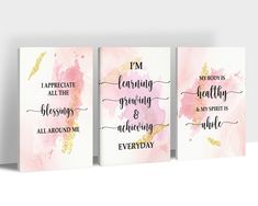 three pink and gold greeting cards with the words, i'm leaving and every day