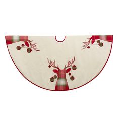 a red and white christmas table runner with reindeer head on it, hanging from the side