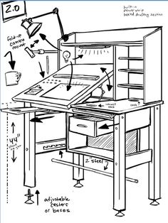 a drawing of an office desk with drawers and shelves on the top, labeled below