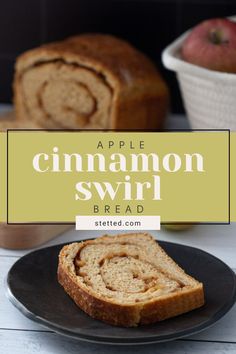 an apple cinnamon swirl bread on a black plate with the words, apple cinnamon swirl bread