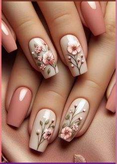 Pink Nail Designs With Flowers, Orange Nail Color Ideas, Gel Nail Designs Autumn, Nude Floral Nails, Nail Ideas Floral, Fingernails Designs, Green Vines, Green Nail Designs, Nude Nail Designs