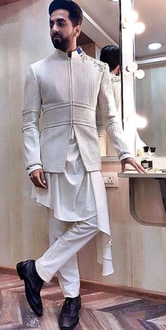 Navabi Suit For Men Wedding, Mens Sangeet Outfit, Mens Indowestern Outfits, Nawabi Style Men, Indowestern Outfits For Men, Indo Western Outfits For Men, Indo Western Dress For Men