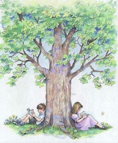 two children are sitting under a tree reading their books and looking at the book they've written