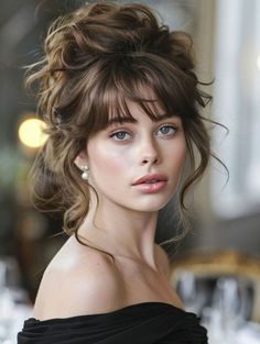 #hairstyleinspo #hairgoals #hairtrends #hairstyleideas #hairinspiration #hairtutorial #hairtransformation #hairlove #hairstyleoftheday #hairfashion Wedding Guest Hairstyles For Long Hair With Bangs, Whispy Updo, Prom Hairstyles Bangs, Hair Styles For Wedding Party, Formal Updo With Bangs, Bridal Hairstyles With Bangs, Wedding Updo With Bangs, Bridal Hair With Bangs, Wedding Hair With Bangs