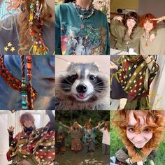 the collage has pictures of people and animals on them, including raccoon