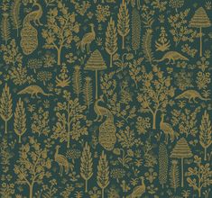 a green and gold wallpaper with trees, plants and birds