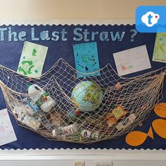 a bulletin board with an image of a hammock and other items on it