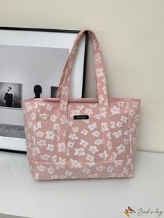 BirdinBag - Large Capacity Summer Tote Bag with Simple Floral Pattern on Canvas Simple Floral Pattern, Summer Tote Bag, Summer Tote Bags, Summer Tote, Shoulder Tote Bag, Shoulder Tote, Pink Bag, Floral Pattern, Tote Bag