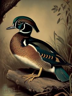 a painting of a wood duck sitting on a log