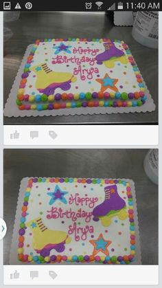 two photos of a birthday cake with roller skates and stars on the top one is for a child's first birthday