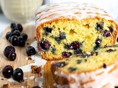 a loaf of lemon blueberry bread with icing