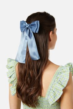 Organza Bow- A beautiful iridescent hair accessory- Pretty bow design- Available in rust or blue- Approximate size of 13cm x 22cm Product Code: PWFY013 Organza Hair Accessories, Blue Bow Hairstyle, Hair Bow Flowy, Iridescent Hair, Classic Blue Satin Bow, Organza Bow, Blue Adjustable Bow Hair Accessories, Bow Design, Colorblock Dress