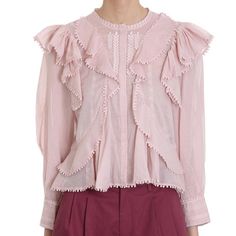 Isabel Marant Toile Alea Frilled Button-Up Baby Pink Blouse With Ruffles Love This Too Soooo Much But I Bought The Wrong Size And It Doesn’t Fit :( Size Fr 36 Bohemian, Vintage Style Rrp Us$490 Baby Pink Blouse, Bohemian Vintage Style, Gucci Brixton Loafer, Blouse With Ruffles, Frill Blouse, Fashion Sites, Matches Fashion, Womens Designer Fashion, Cotton Blouse