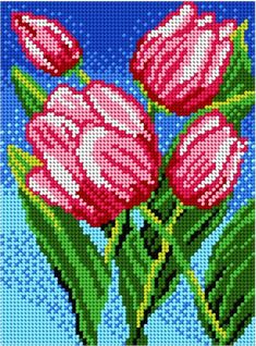 three pink flowers with green leaves on a blue background cross stitched in the shape of a square