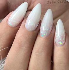 Milky White Almond Nails, Work Appropriate Nails, Clear Glitter Nails, White Almond Nails, Almond Shaped Nails, Milky Nails, Gel Nail Art Designs, Shaped Nails, Rose Nails