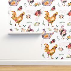 an image of roosters and flowers wallpaper in a room with wood flooring