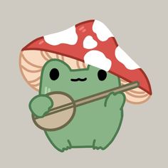 a cartoon character with a mushroom on his head holding a wooden stick and wearing a red hat