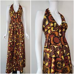 Fabulous Hawaiian halter dress by Hukilau Fashions.  This cutie has a curved under bust seam curves up in the middle and an empire waist seam as well.  It's open through the natural waist and hips.  Closes with a  brown zipper center back.  Fabric is cotton.  Vintage size 12 on the tag.   Condition - Excellent with no issues Measurements - For reference the mannequin measures 33.5B 24.5W 28 under bust.  Dress is too big at the underbust/ribcage on the mannequin and is clipped behind to show bett Retro Brown Dress For Vacation, Retro Maxi Dress For Beach, Vintage Brown Dress For Vacation, Vintage Brown Maxi Dress For Beach, Retro Halter Neck Beach Dress, Hawaiian V-neck Vacation Dress, Hawaiian Halter Dress, 1970s Halter Dress, Hawaiian Honeymoon