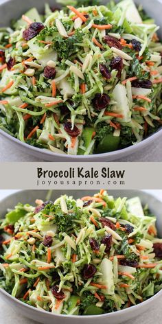 broccoli kale slaw salad with cranberries and apples in a bowl