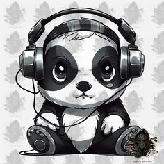 a panda bear wearing headphones and listening to music