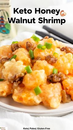 A plate of honey walnut shrimp with chopped green onions. Honey Nut Shrimp, Keto Honey Walnut Shrimp, Healthy Honey Walnut Shrimp, Sweet As Honey Keto Recipes, Low Carb Chinese Recipes, Keto Chinese Recipes, Keto Fried Shrimp, Keto Asian Recipes, Keto Coconut Shrimp