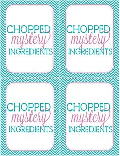 four stickers with the words chopped mystery ingredients in pink and teal on them