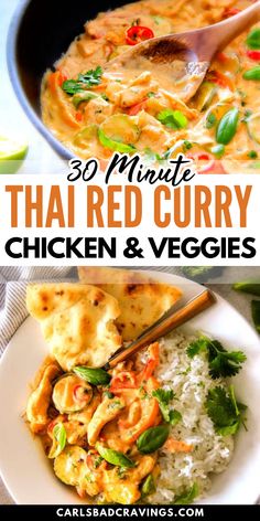 thai red curry chicken and veggies in a white bowl