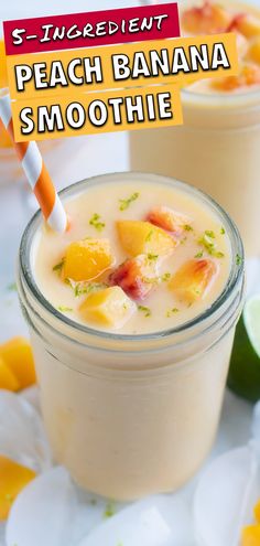 two glasses filled with peach banana smoothie