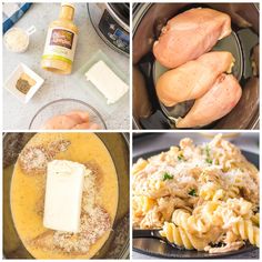 four pictures showing different types of food including chicken, pasta and sauces in pans