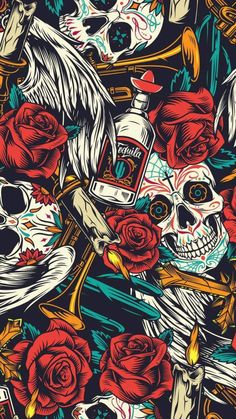 a bunch of skulls and roses on a black background with red flowers in the middle