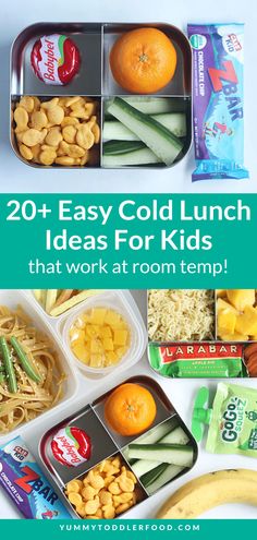 the lunch box is filled with different foods and has text overlay reading 20 + easy cold lunch ideas for kids that work at room temp