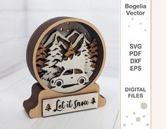 a wooden clock with an image of a car in the woods