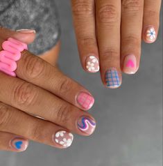 Designs For Super Short Nails, Mismatched Short Nails, Cute Short Nails Designs, Trendy Short Nail Designs, Short Nail Ideas, Cute Short Nails, Short Gel Nails, Simple Gel Nails, Summery Nails