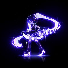 a person sitting on top of a chair in front of a black background with neon lights