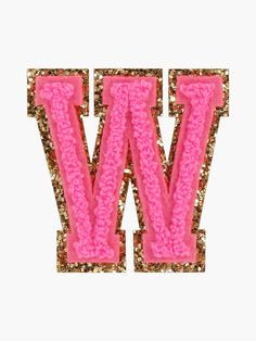 the letter w is made up of pink and gold sequinized letters on white background