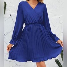 Bbx Lephsnt Womens Wrap V Neck Dresses For Wedding Guest Casual Size M Pleated V-neck Bridesmaid Dresses, Blue Long Sleeve Pleated Dress, Light Blue Pleated V-neck Dress, Blue V-neck Solid Color Dress, Royal Blue Bridesmaid Dress For Spring, Blue Pleated Dress For Wedding, Blue V-neck Mini Dress For Bridesmaids, Blue V-neck Pleated Mini Dress, Blue Pleated V-neck Mini Dress