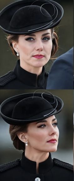 three pictures of the same woman wearing a black hat