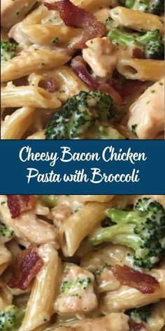 two pictures of chicken pasta with broccoli and bacon